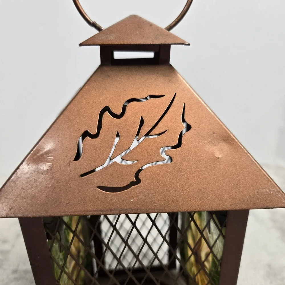 Copper Tone Metal Leaf Cutout Tea Light Lantern Painted Floral Glass Panels